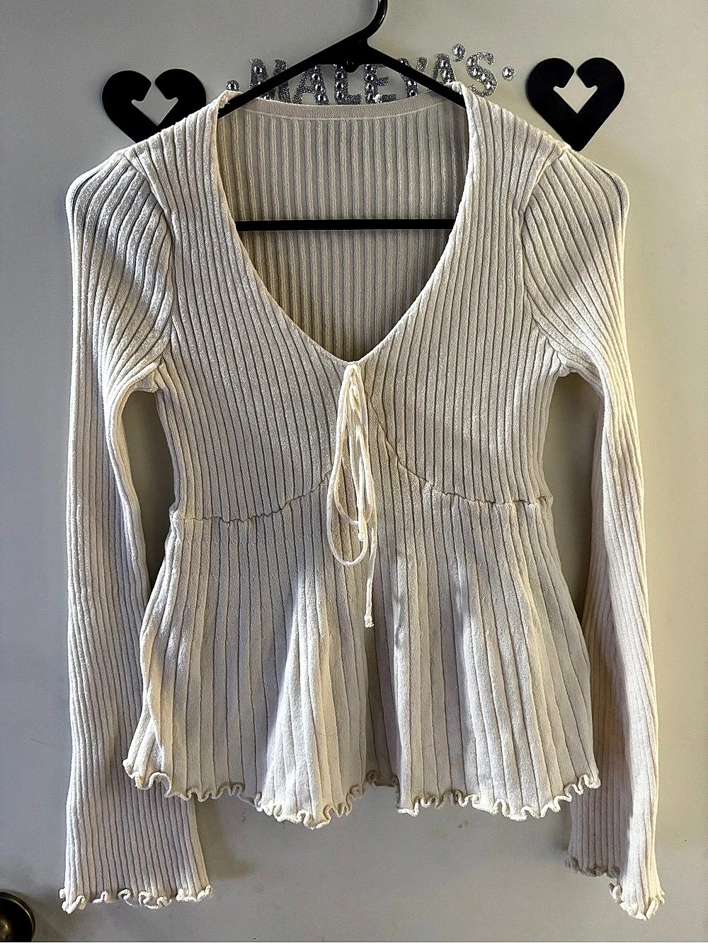 Ribbed Long Sleeve Peplum Top in Cream Like New